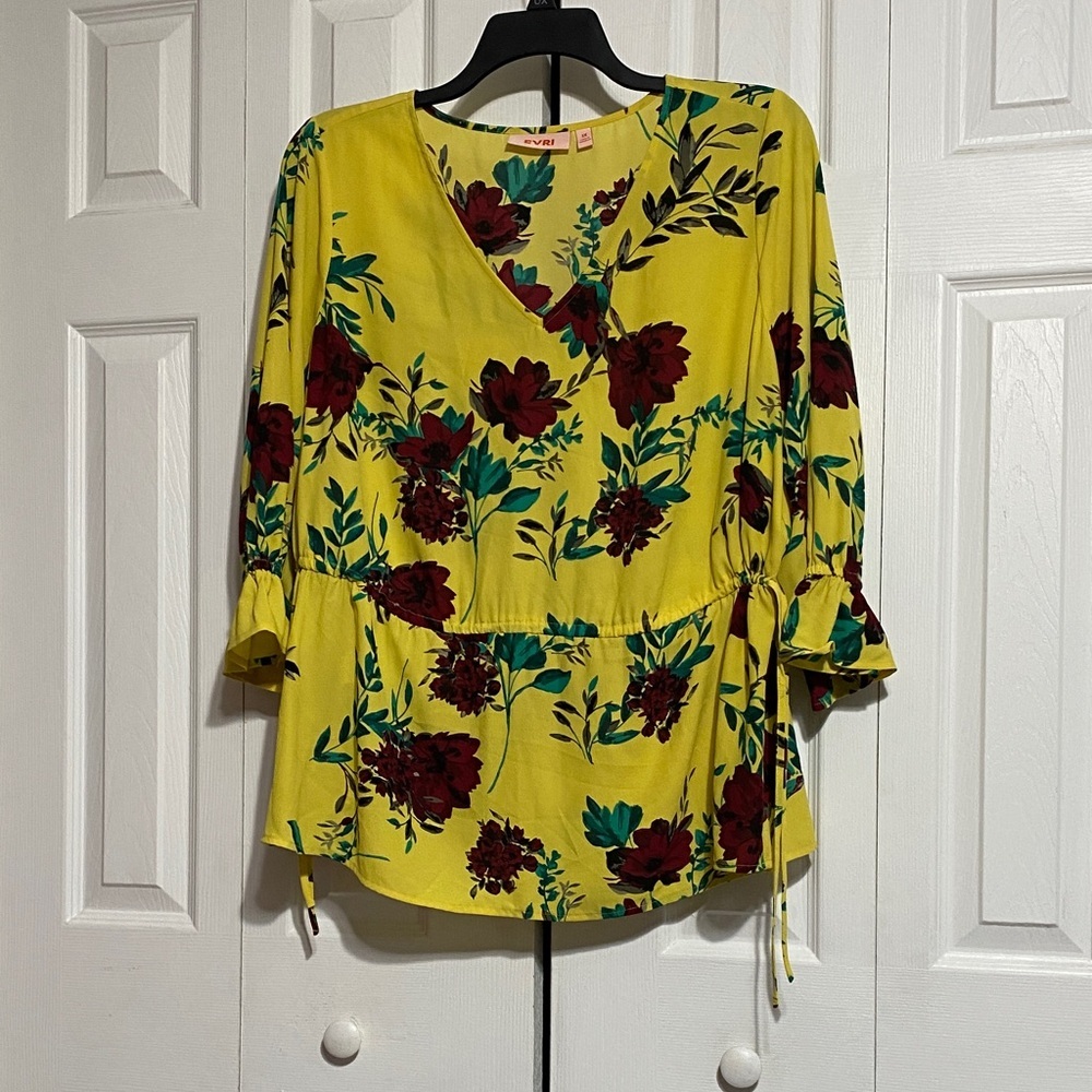 Evri yellow floral drawstring waist bell sleeve blouse top shirt size 1X